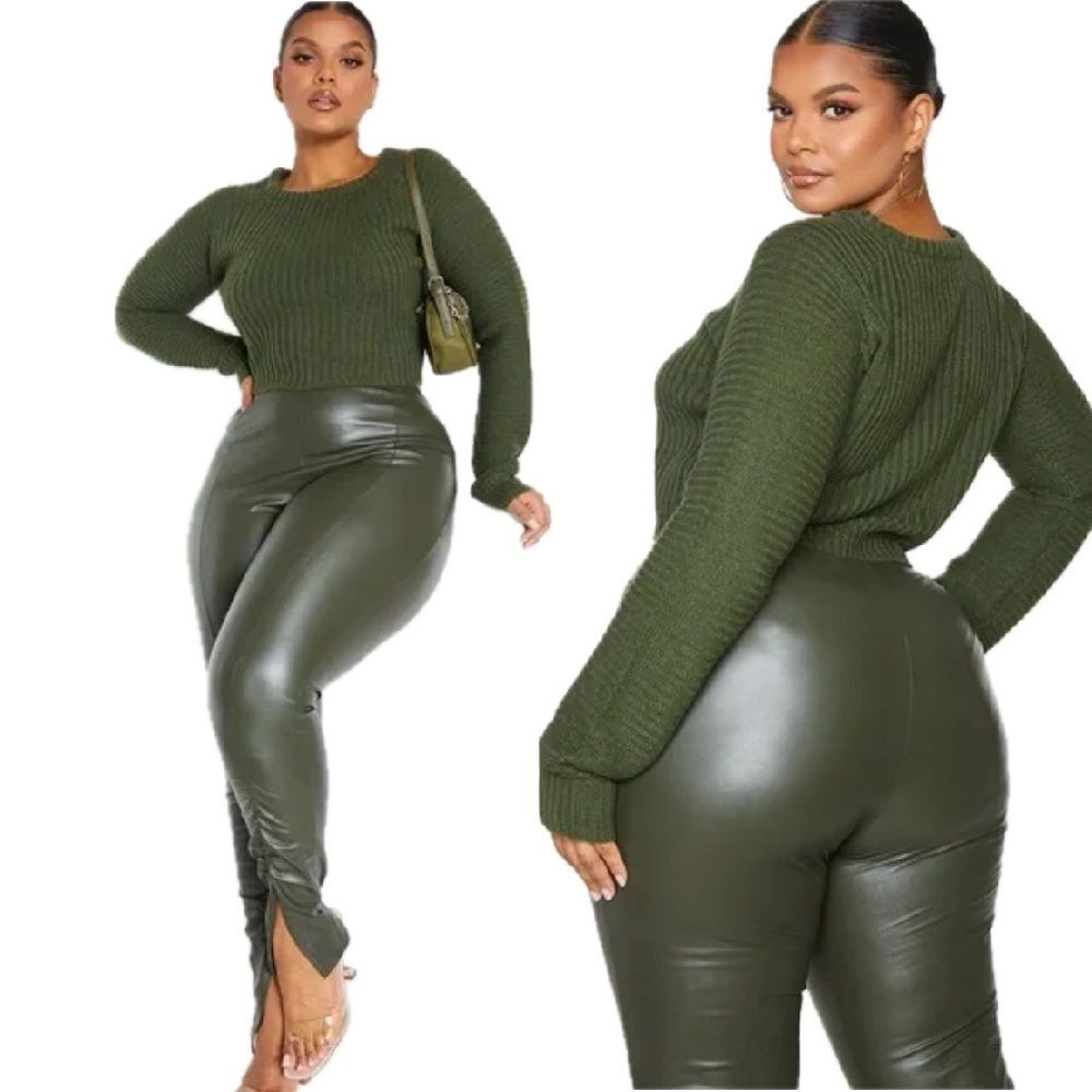 NWT Pretty Little Thing Plus Khaki Cropped Rib Knit Sweater Jumper Size XXL